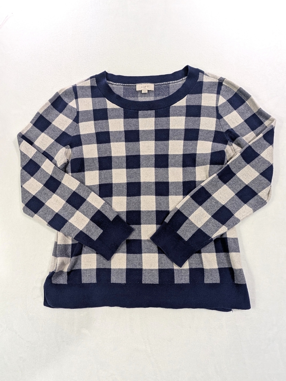 Loft Navy Blue &‎ White Gingham Crewneck Sweater - Women’s Size XL